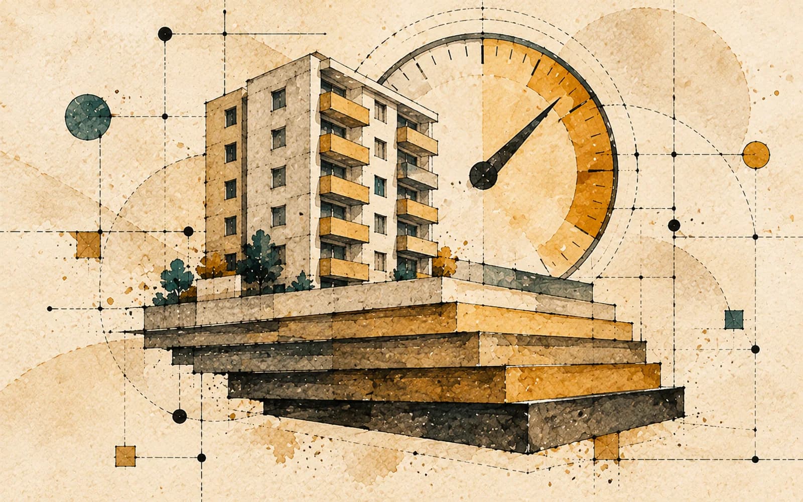 生成りの紙に黄土色と黒い線で描いた賃貸住宅と、針が上を向く大きなゲージ