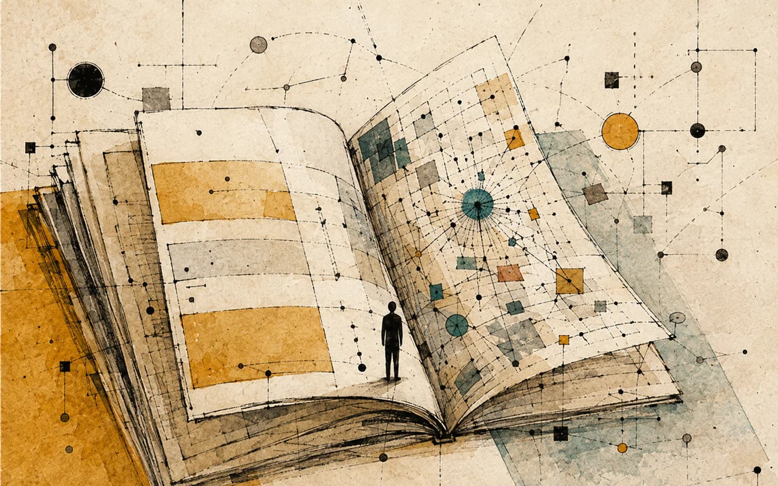 見開きの本のページ一面に点と線の図が広がり、その上に人が小さく立っているイラスト
