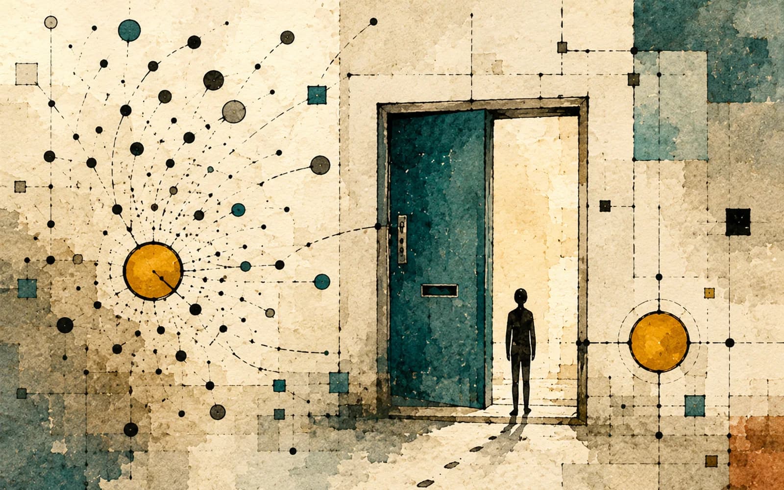 半分開いた扉の前に人が立ち、扉の外へ点と線が枝分かれして広がっているイラスト