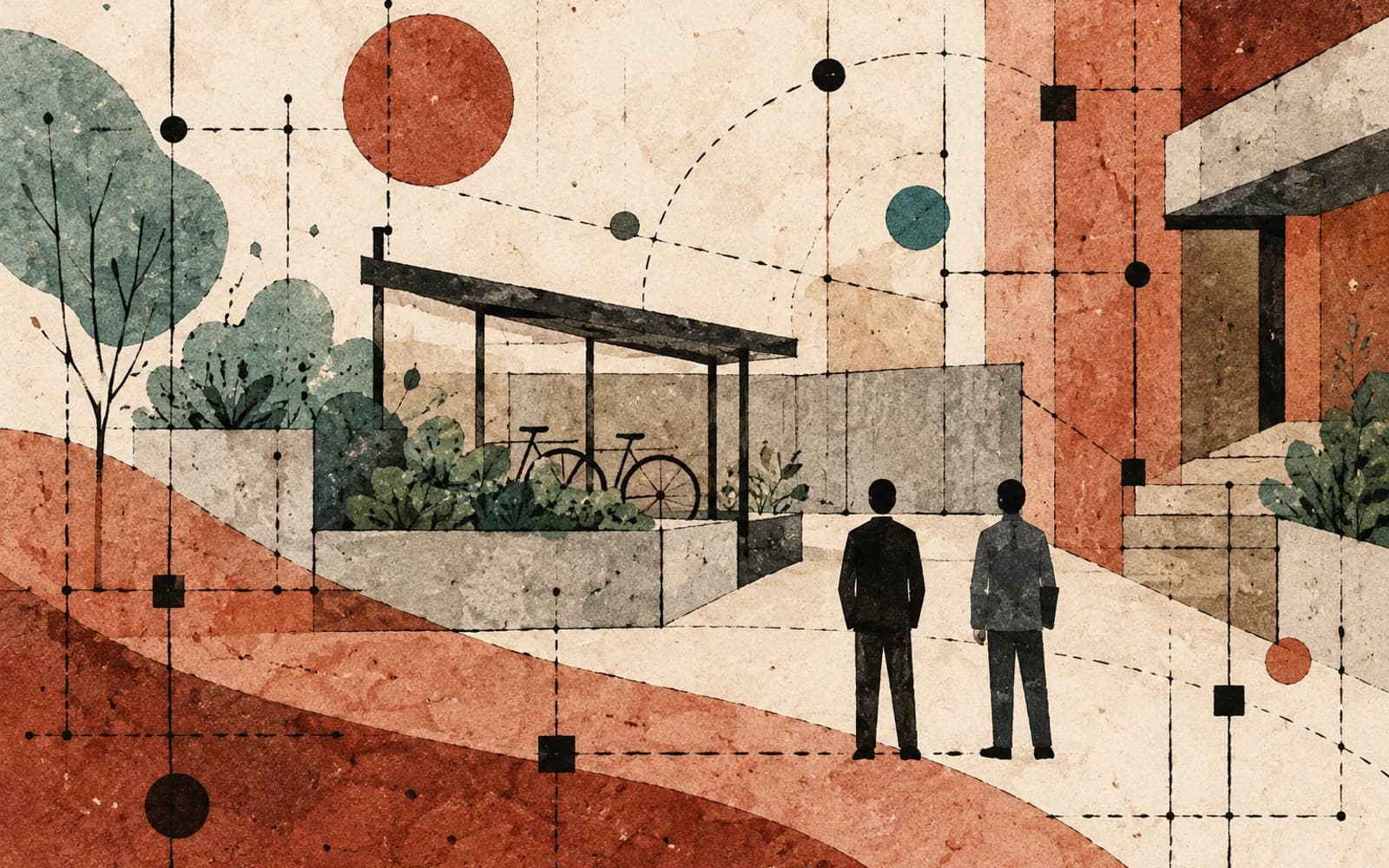 植栽と自転車置き場のある建物を、並んで眺める二人のイラスト