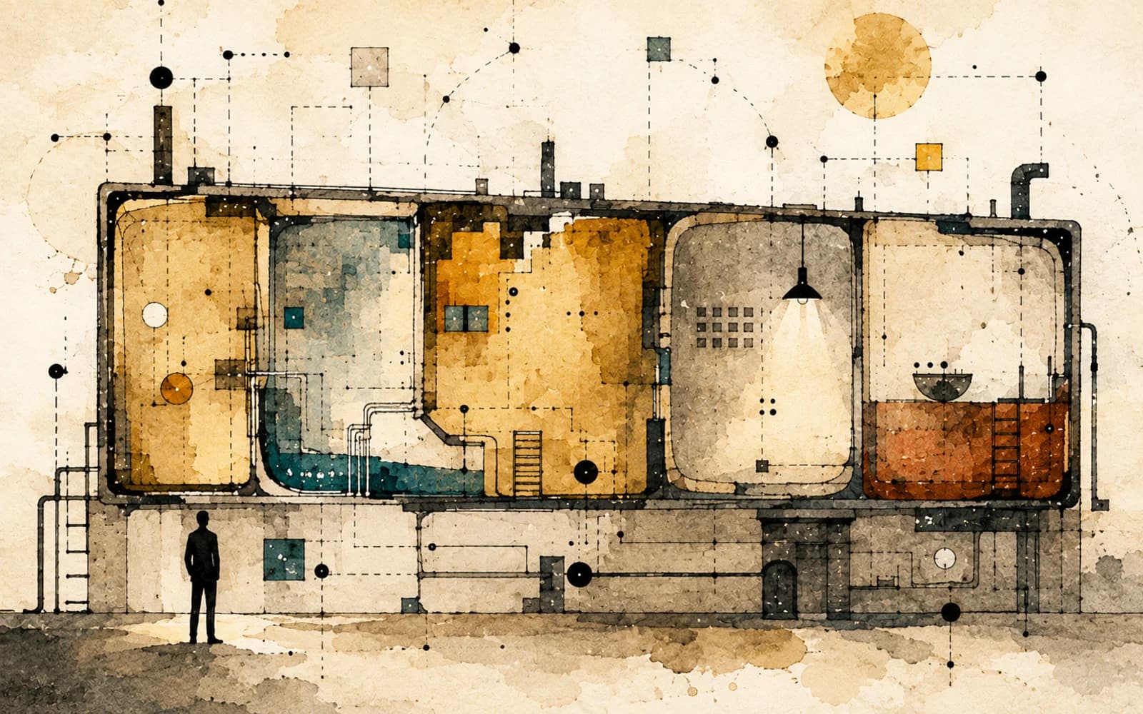 建物の断面図のように仕切られた部屋が横に連なり、その下を配管が通っているイラスト