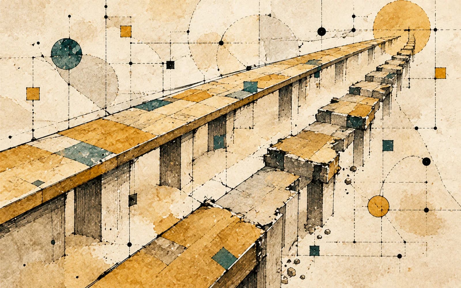 同じ方向へ続く、平らに保たれた道と段々に下がり傷んだ道を対比したイラスト