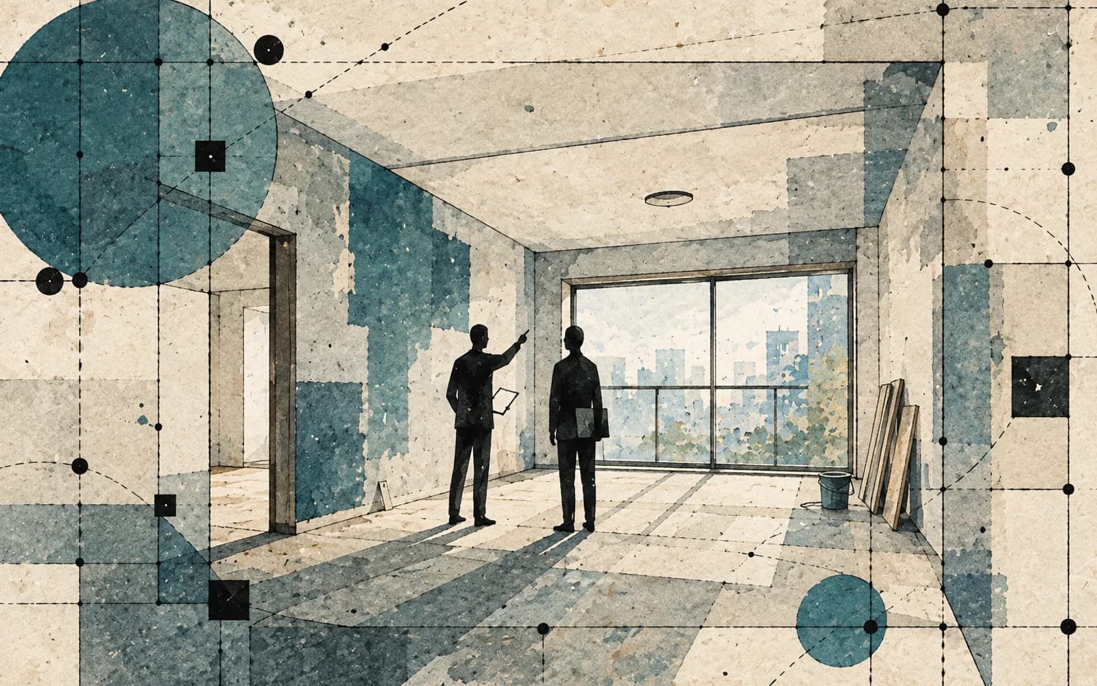 何もない部屋で人が二人向かい合い、片方が壁を指しながら話しているイラスト